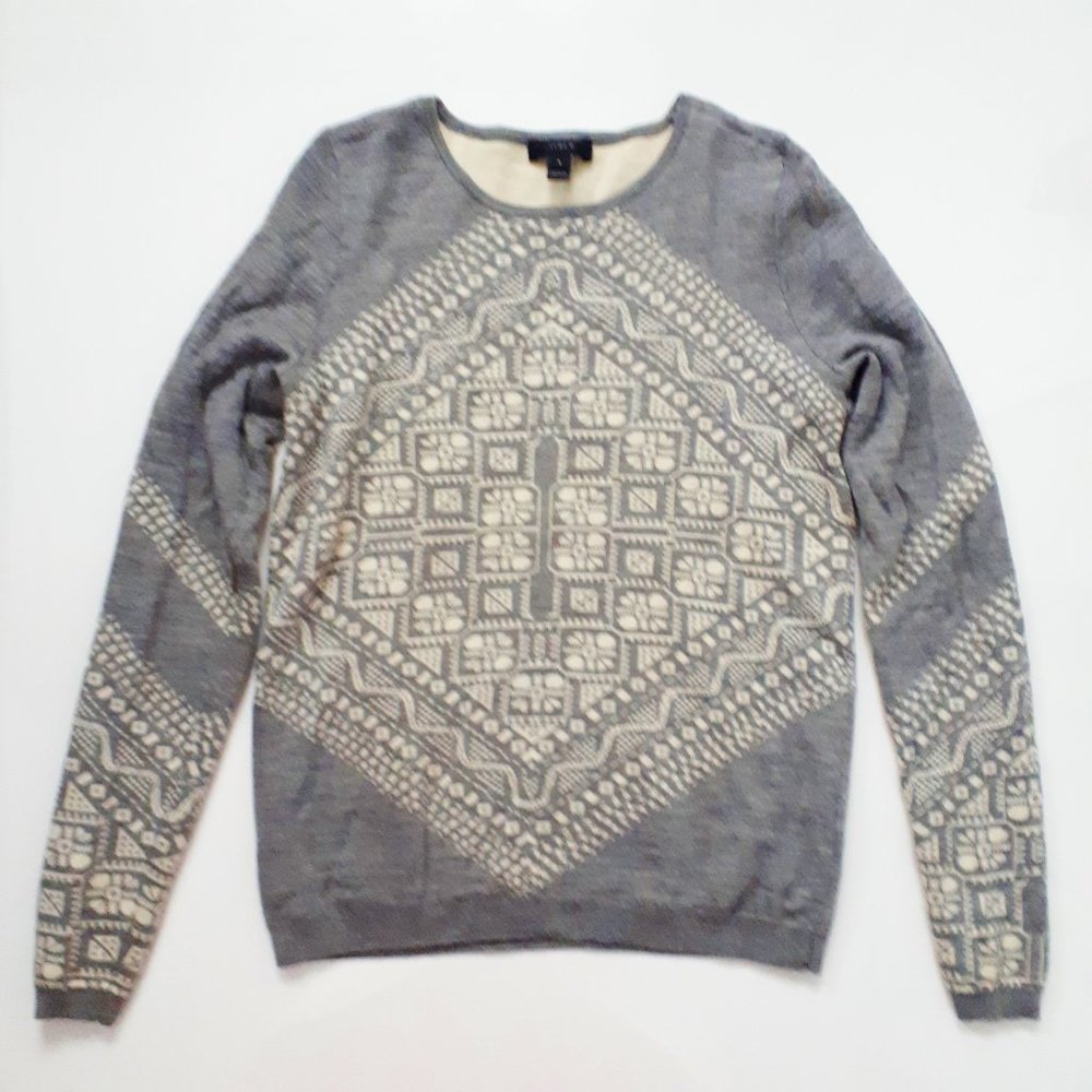 J Crew 100% Merino Wool Grey and White Sweater